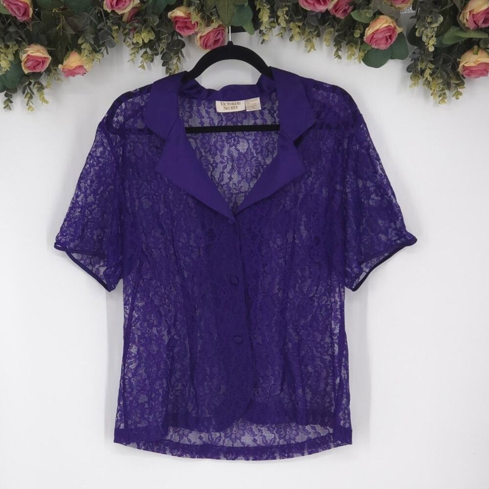 Vintage Victoria's Secret Purple Sheer Floral Lace Sleep Shirt Size Medium